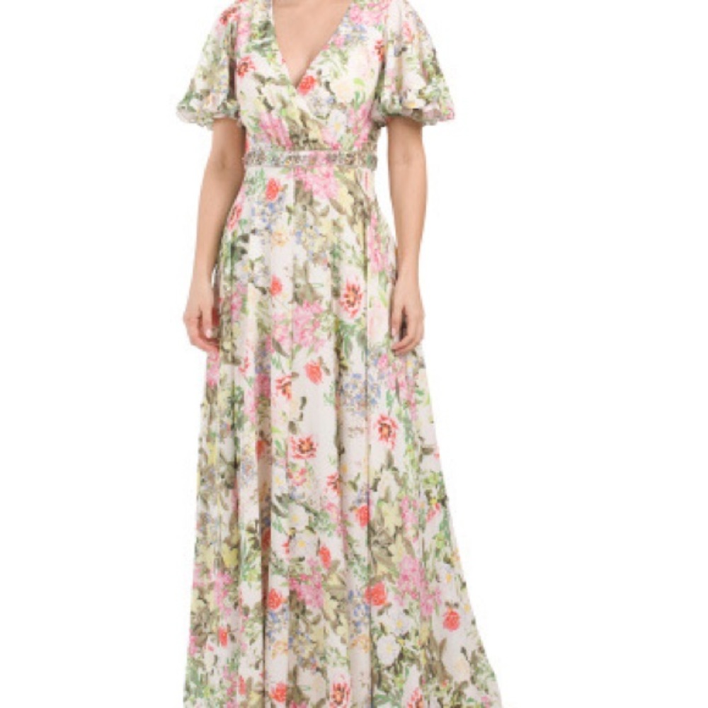 Mac Duggal Beaded-Waist Floral Print Ruffled Chiffon Flutter Sleeve Gown Size 14